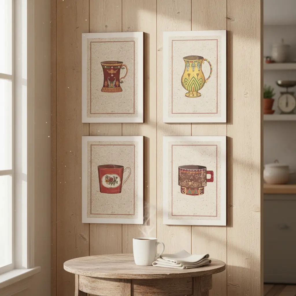 Set de 4 Cuadros Vintage en ambiente de cocina acogedora