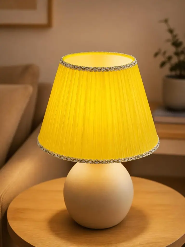 Pantalla de lámpara plisada amarilla con ribete decorativo en Zalema Decoración (Jaén)