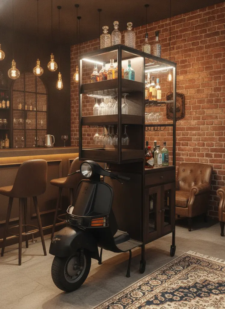 Mueble bar Vespa con iluminación brillante en salón vintage