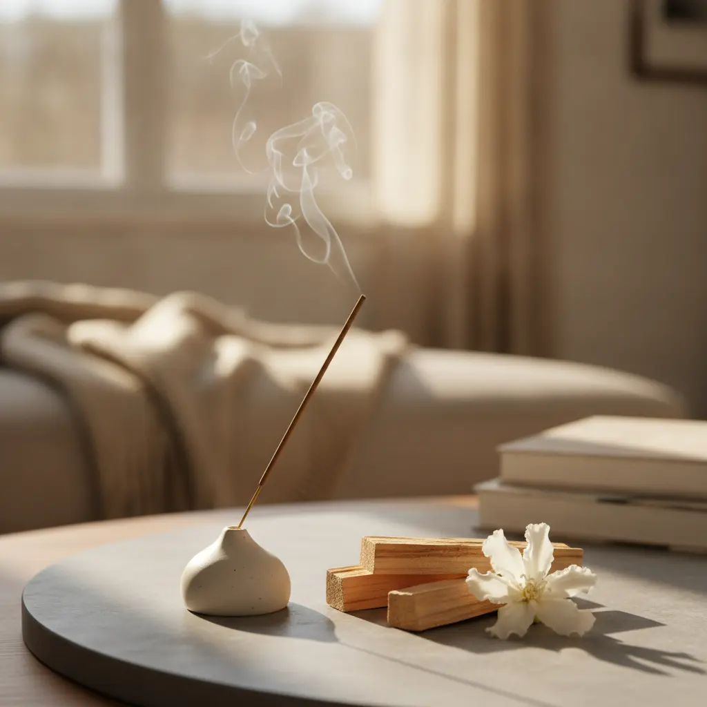 Ambiente de Meditación con Incienso Tulasi Nagchampa y Palo Santo