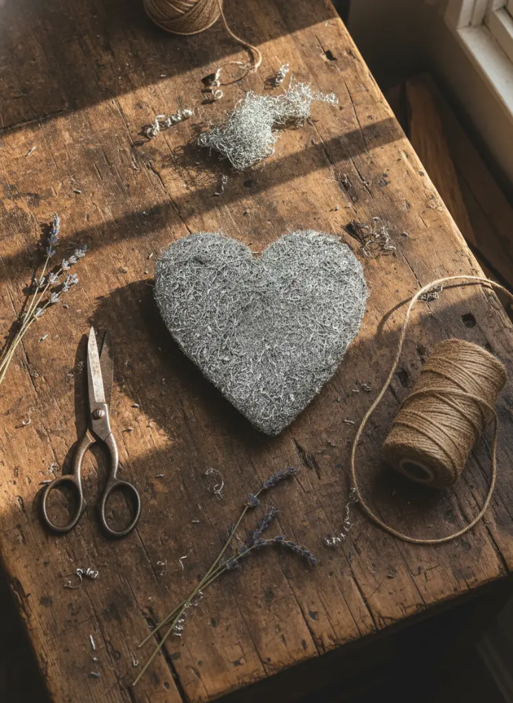 Corazón de fibra plano en taller de manualidades