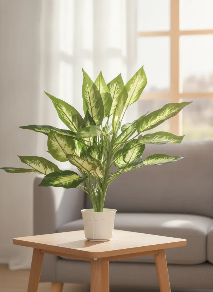 Planta Dieffenbachia Artificial en ambiente de salón moderno