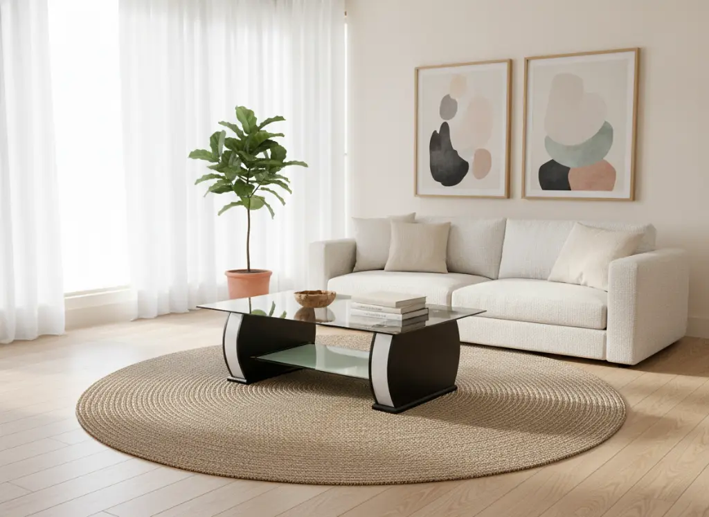 Mesa de Centro en Salón Moderno con Sofá Blanco y Toques Boho-Rústicos