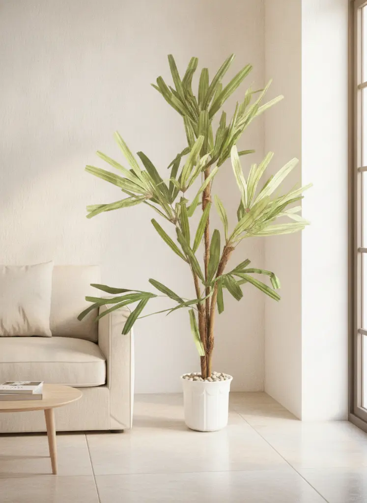 AI Generated Palmera Raphis Artificial en salón mediterráneo