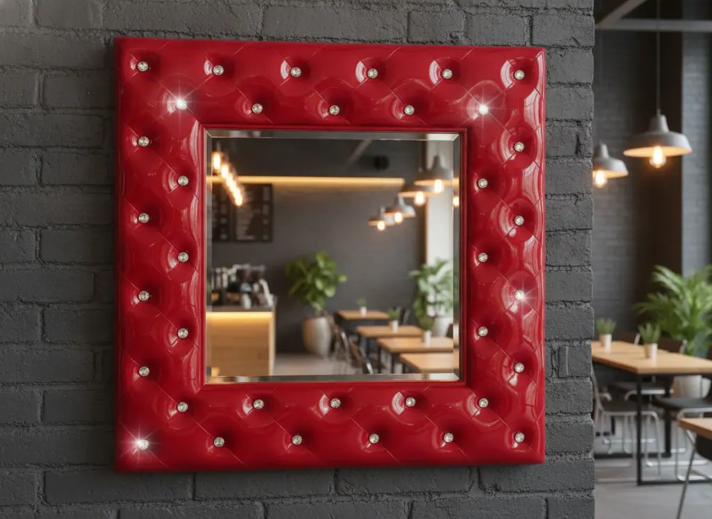 Espejo Rojo Kich en cafetería moderna