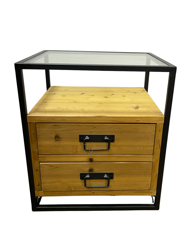 Mesita de noche industrial madera y cristal | Zalema Decoración