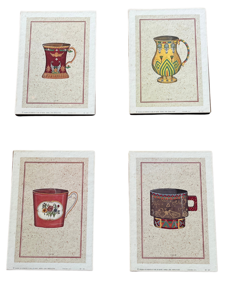 Set de 4 Cuadros de Madera Estilo Vintage - Diseños de Tazas de Café (24.5x17.5 cm)
